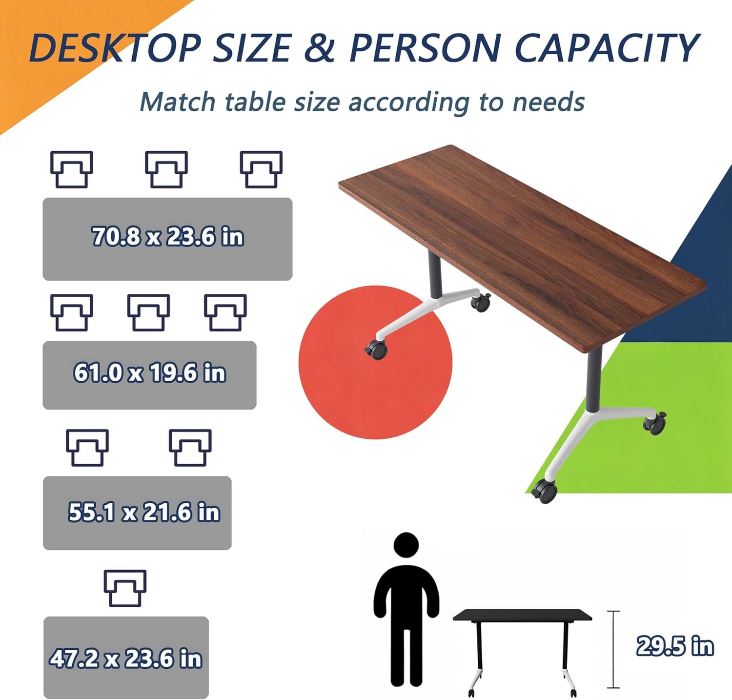 Grey Conference Room Tables, Modular Large Folding Conference Table with Wheels, Business Style Wooden Training Table with Metal Frame for Office Meeting Classroom Seminar (6, Walnut, L47.2IN)