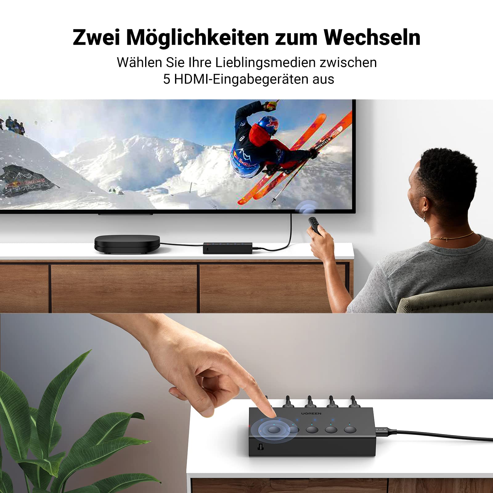 UGREEN HDMI Switch 5 in 1out HDMI Splitter 4K@60Hz Unterstützung 3D/CEC/HDR/HDCP 2.2 Kompatibel mit PS5/4, Xbox, Apple TV, Skybox, Blu-Ray, HDTV, Monitor, etc.