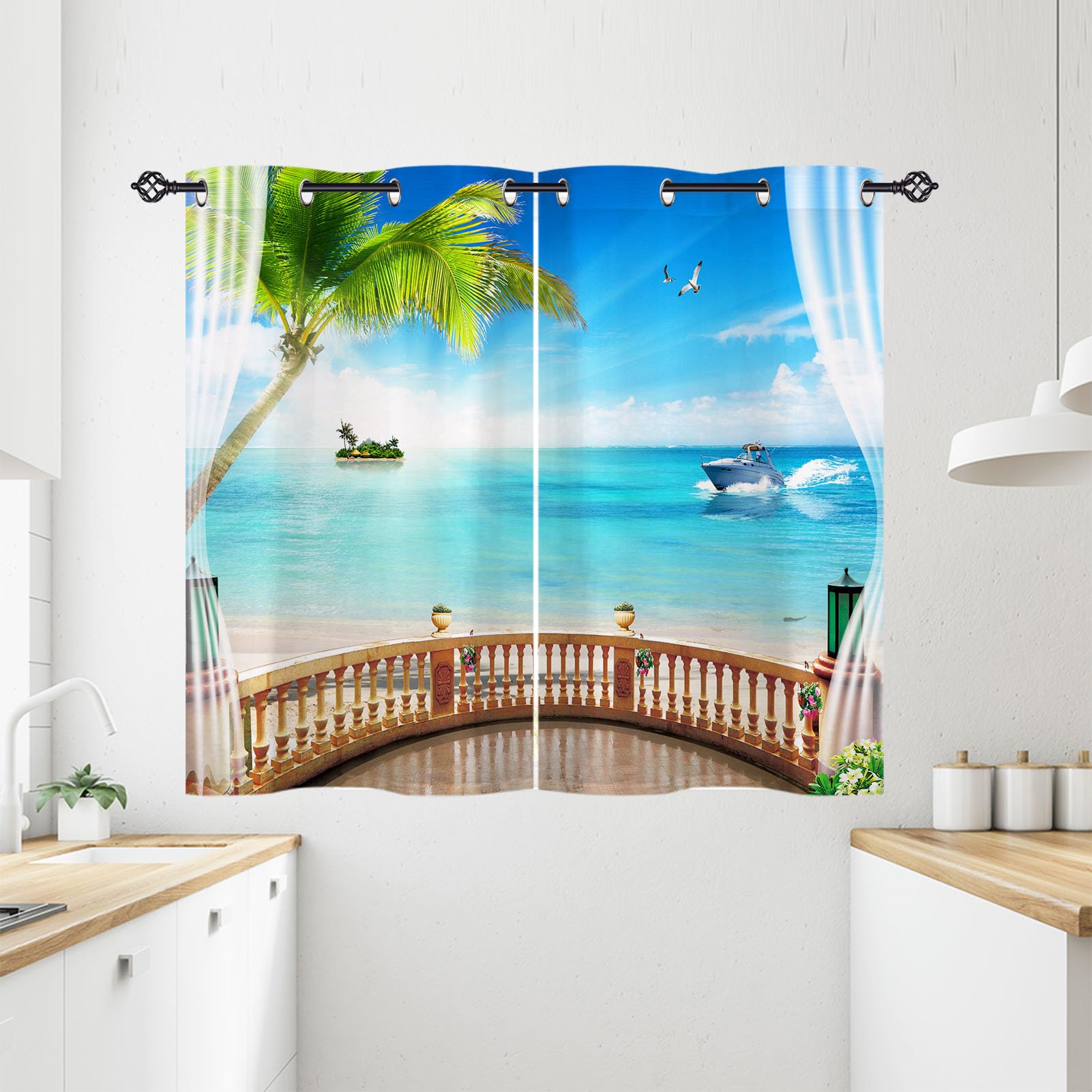 ANHOPE Beach Curtains Eyelet Ring Top Soft Thermal Insulated Blackout Curtains Balcony Ship Ocean Island Print Pattern Decorative Window Drapes for Bedroom Living Room 28 x 54 Drop Inch 2 Panels