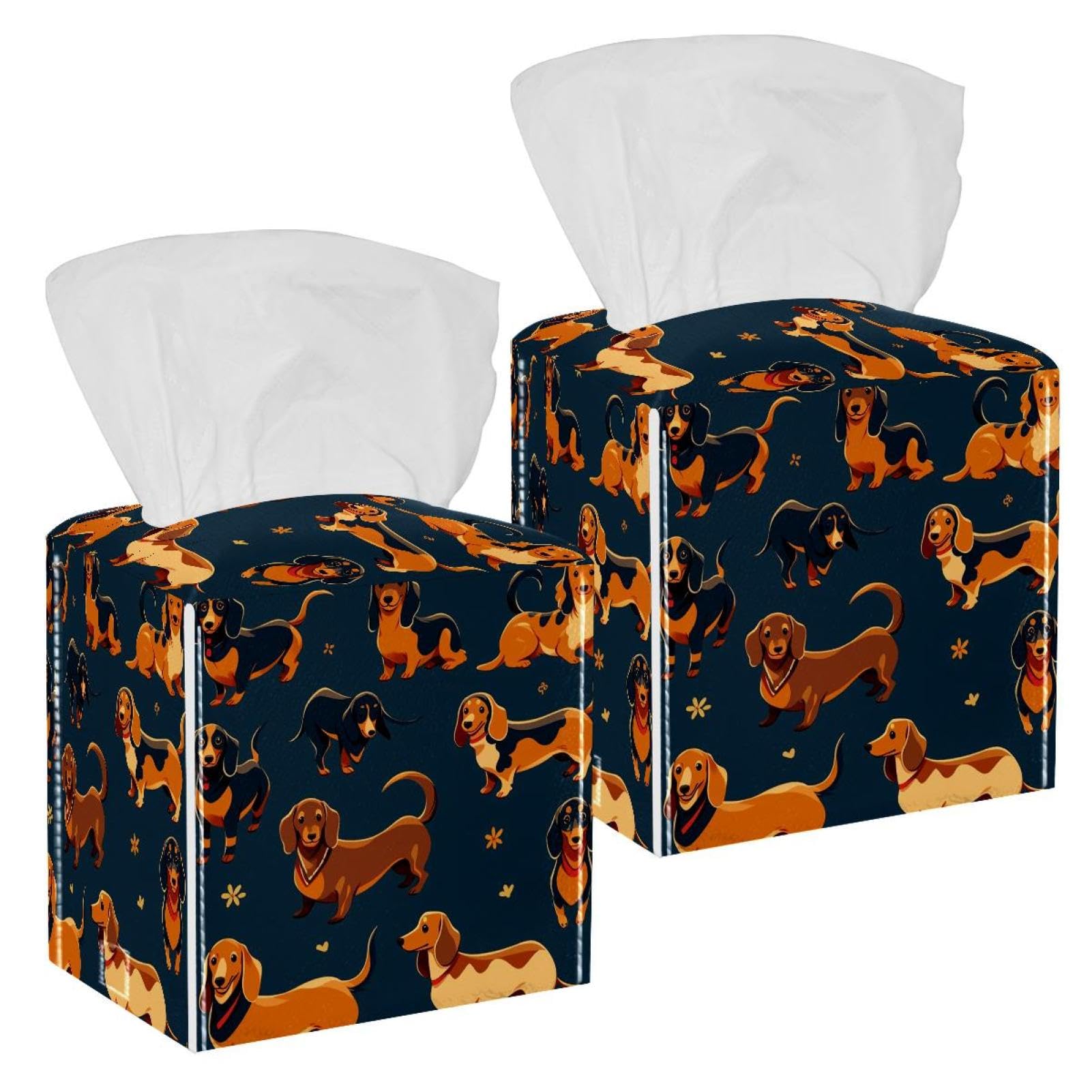 Cartoon Dog Tissue Box Cover, 2 Pack PU Leather Square Facial Tissue Dispenser Box holder for Home Office Car