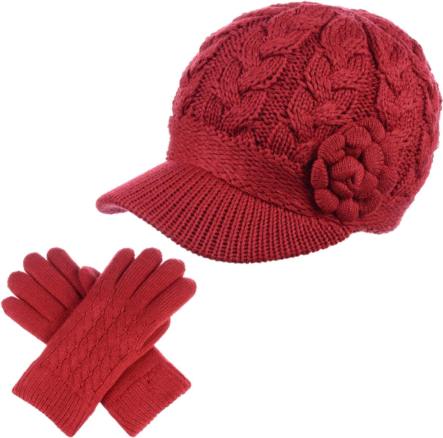 Womens Winter Elegant Cable Flower Knitted Newsboy Cabbie Cap Beret Beanie Hat with Visor, Warm Plush Fleece Lined