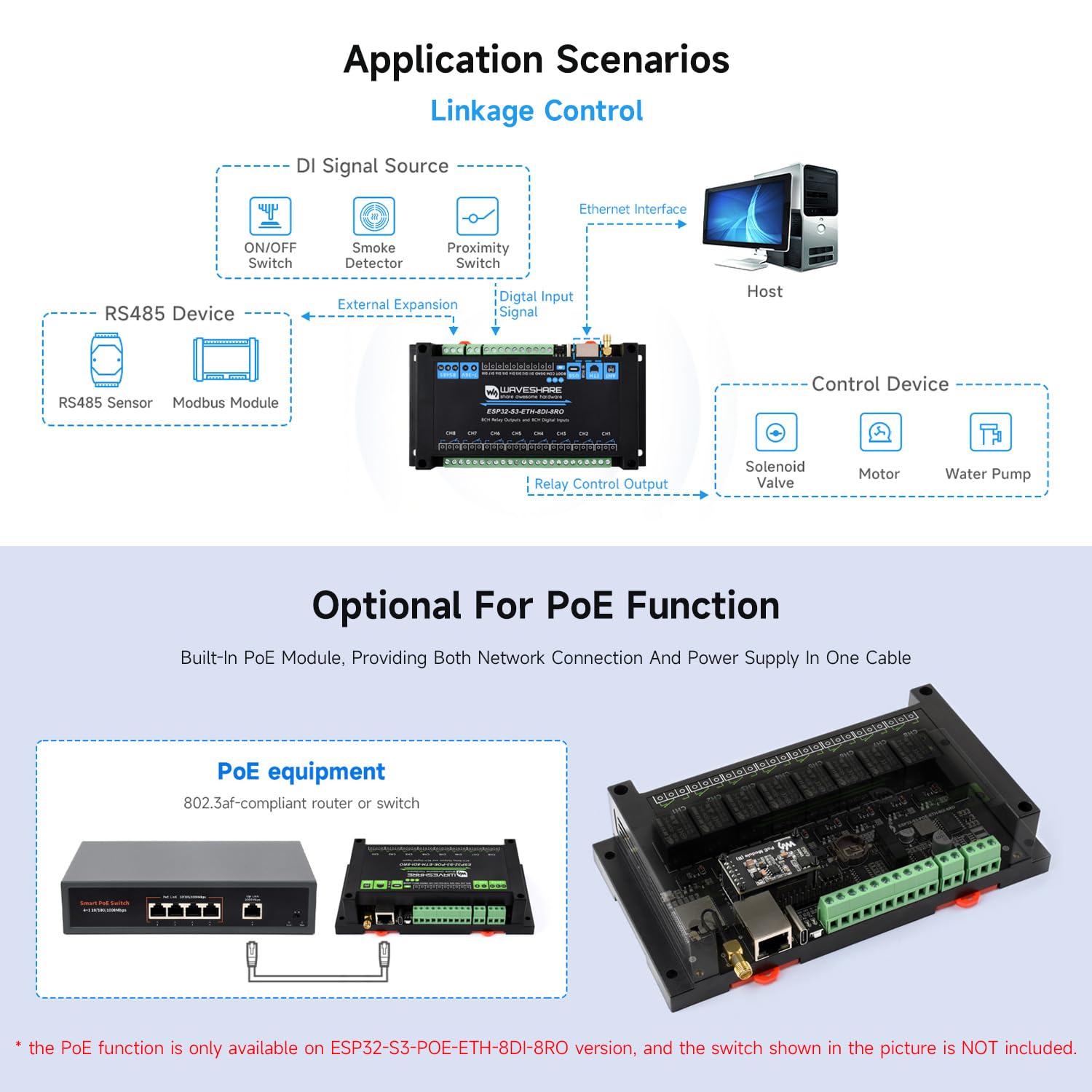 Waveshare ESP32-S3-ETH-8DI-8RO(Common Network Port), Industrial 8-Ch ESP32-S3 WiFi Relay Module, Isolated RS485 Interface, Xtensa 32-bit LX7 2-Core Processor, Up To 240MHz, Multi Isolation Protection