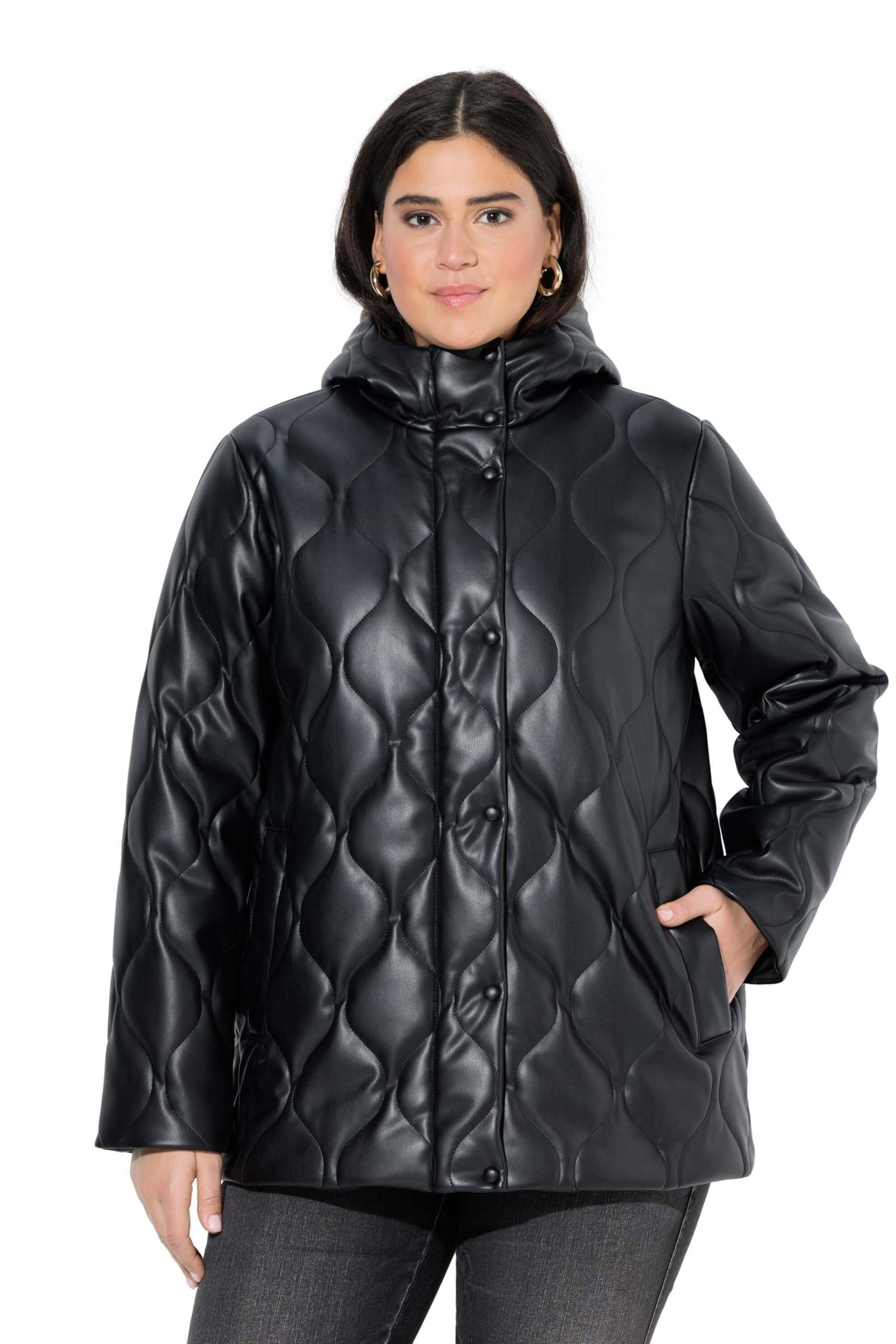 Ulla Popken Damen große Größen Übergrößen Plus Size Lederoptik-Steppjacke, Wellenstepp, 2-Wege-Zipper 842093