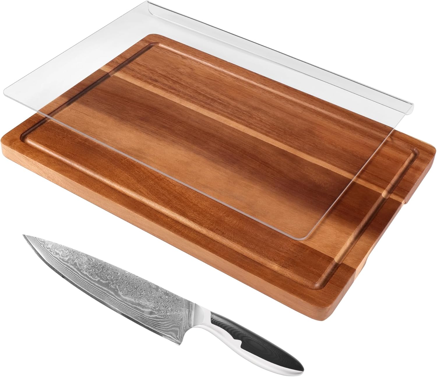 Acrylic Cutting Board & Acacia Wood Cutting Board Set with VG-10 Damascus Chef Knife, Kitchen Prep Bundle for Meat, Vegetables & Fruits