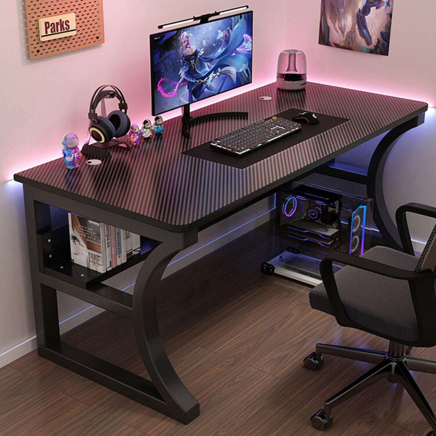 Large Gaming Desk Workstation with Storage Shelves - Modern Industrial Computer Desk for Home Office