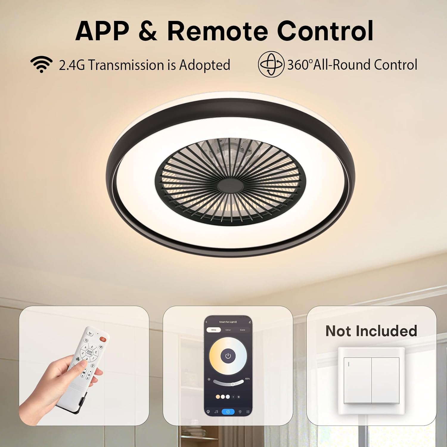 Bladeless Ceiling Fan with Light, 24'' Flush Mount Low Profile Ceiling Fans with Remote & APP Control, 2700-6500K CCT Adjustable, 6 Speeds Dimmable Fan Light for Kids Room, Bedroom, Small Dining Areas