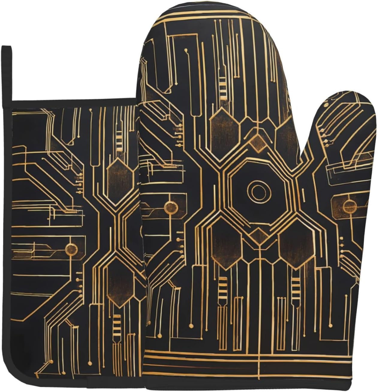 Symmetrical Electrode Path Print Oven Gloves Set (Including Heat-Proof Mat) - for Ovens, Air Fryers, and Grills
