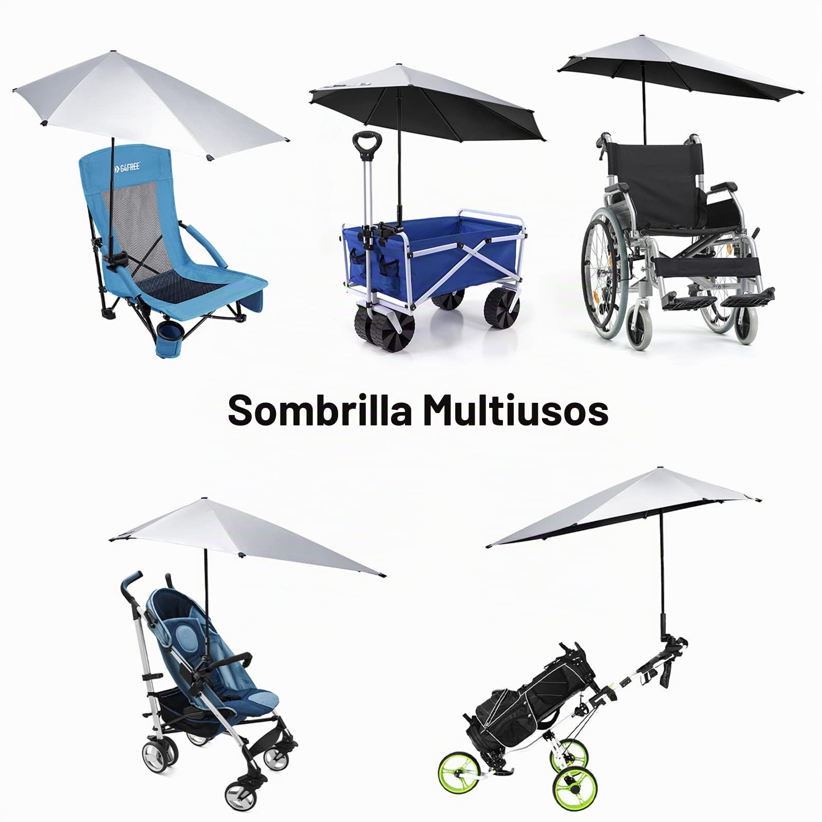 G4Free SPF 50+ Sombrilla de Playa Ajustable XL 47" x 45" con Abrazadera Universal para Silla Carrito de Golf Buggy Bleacher Patio