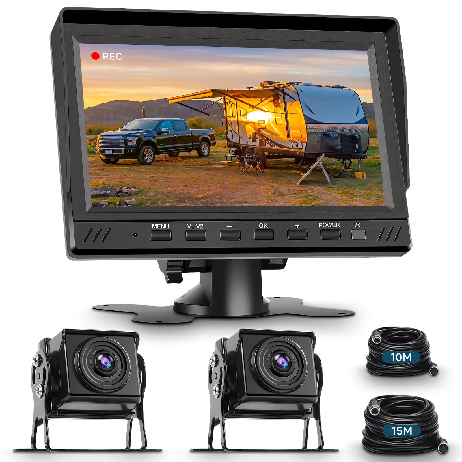 Hodozzy Caméra de Recul Kit, Ecran 7 Pouces HD Moniteur Filaire avec 2 Cameras Etanches Vision Nocturne Double Camera de Recul pour Voiture Filaire avec DVR pour Camion/Fourgon/Camping Car/Remorque
