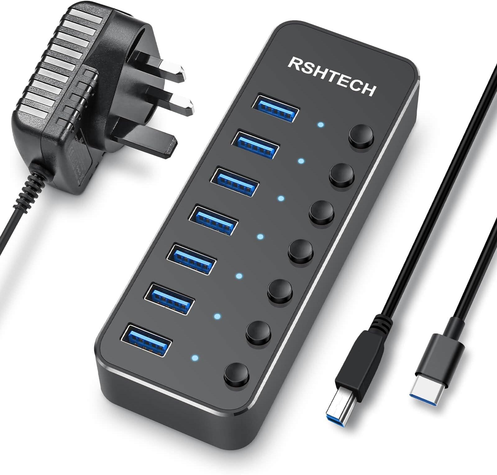 RSHTECH Powered USB C 3.0 Hub, USB C to 7-Port USB 3.0 Hub with Individual On/Off Switches with 5V/2A Power Adapter (RSH-518C)