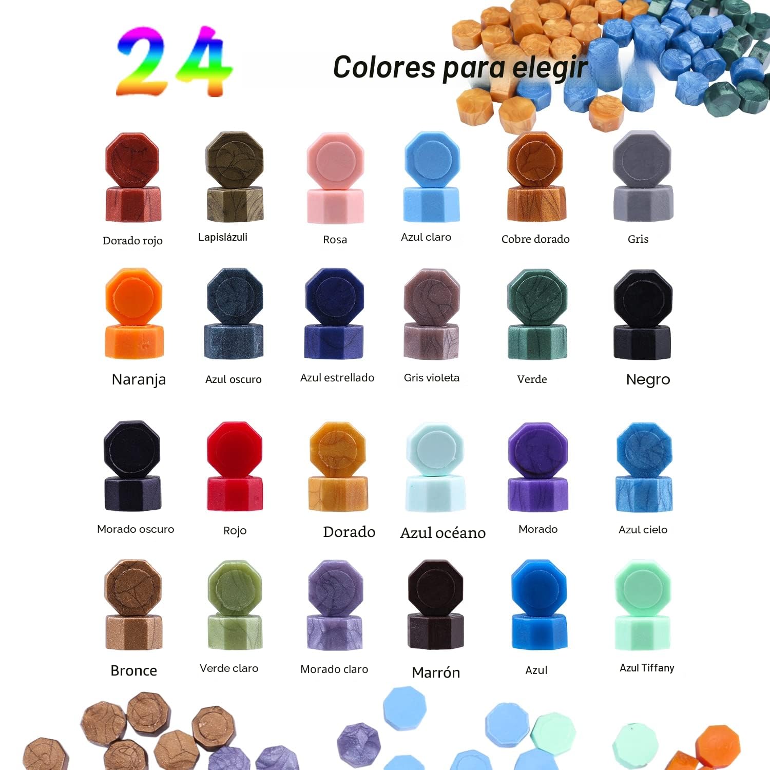 Aottom Kit de Sello de Cera, 650 Piezas Con 2 Sellos y Cuchara de Fundir, Para Invitaciones de Boda, Tarjetas, Navidad, Sobres, Papel de Regalo - 24 Colores