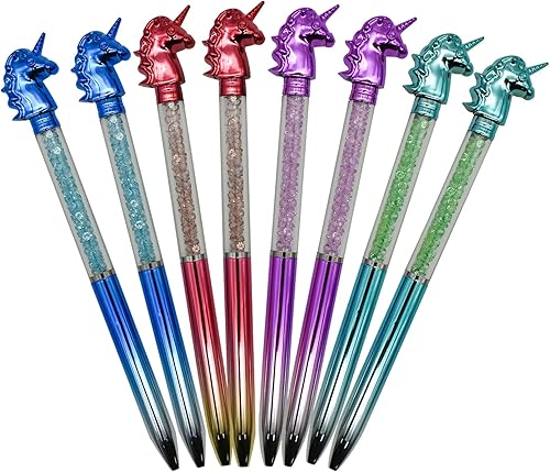 Maydahui 24 bolígrafos de unicornio de colores brillantes de arena movediza de cristal novedoso bolígrafo de tinta negra para niña, suministros de