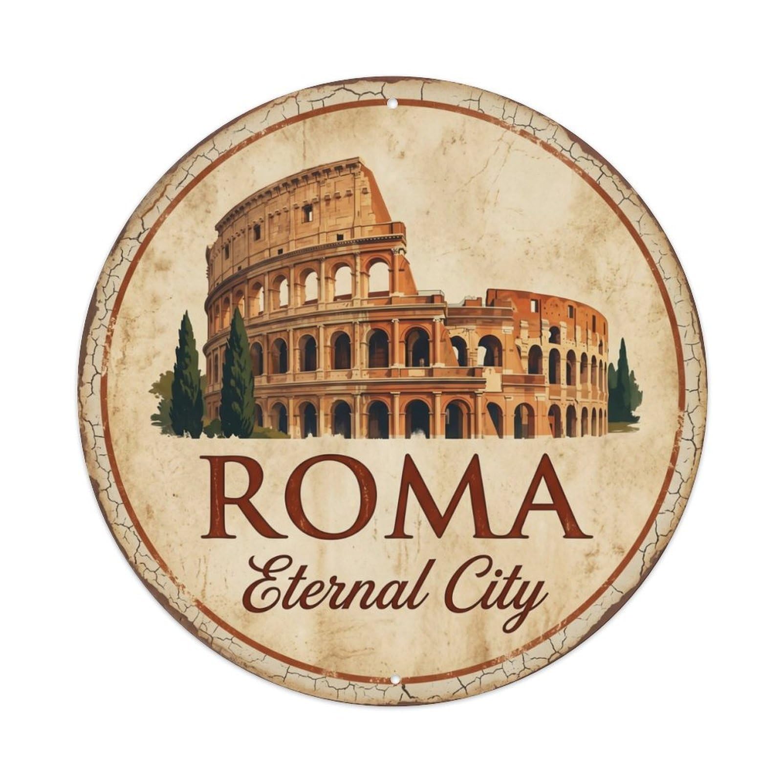 Vintage Travel Rome Italy Eternal Metal Tin Sign Plaque Wall Decor for Cafe, Club Bar, Office, Home Garden Round Metal Poster 8x8Inch