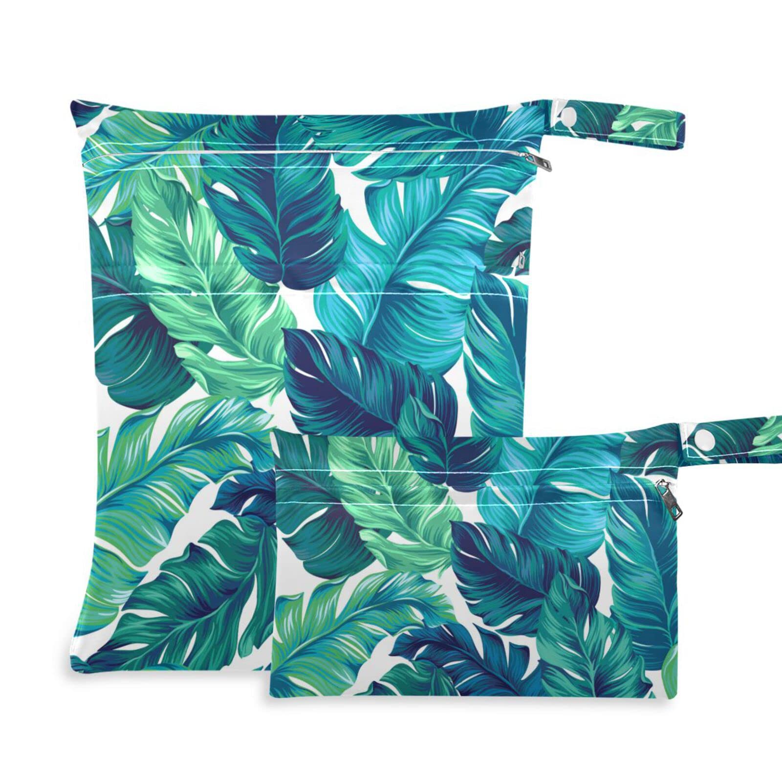 susiyo Cloth Diaper Wet Dry Bags Green Tropical Leaves Waterproof Reusable Wet Bags with Two Zippered Pockets Baby Stroller Travel Beach Pool Gym Bag for Dirty Clothes Wet Swimsuits 2 Pack