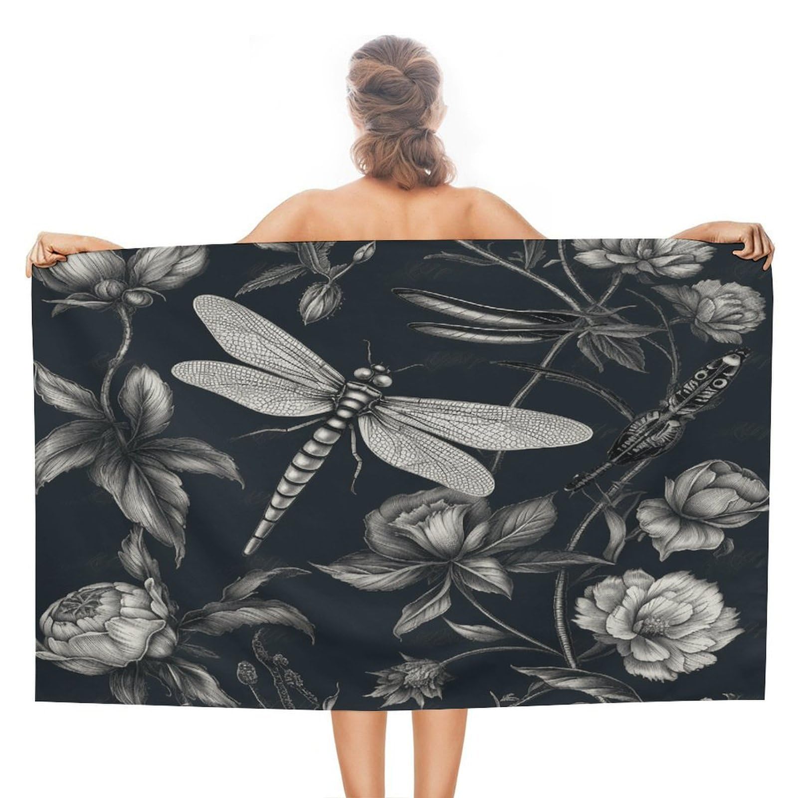 VstaDank Black Flowers and Dragonfly Beach Towel 51x31 Inch Oversized Soft Bath Towel Luxury Plush Thick Hotel Swim Pool Towels Super Quick Dry Travel Towels for Camping Gym Sports Yoga