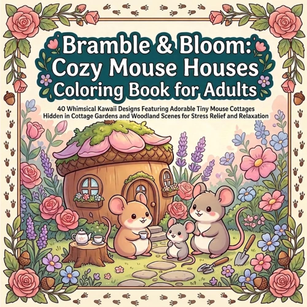 Bramble & Bloom: Cozy Mouse Houses Coloring Book for Adults: 40 Whimsical Kawaii Designs Featuring Adorable Tiny Mouse Cottages Hidden in Cottage ... Scenes for Stress Relief and Relaxation
