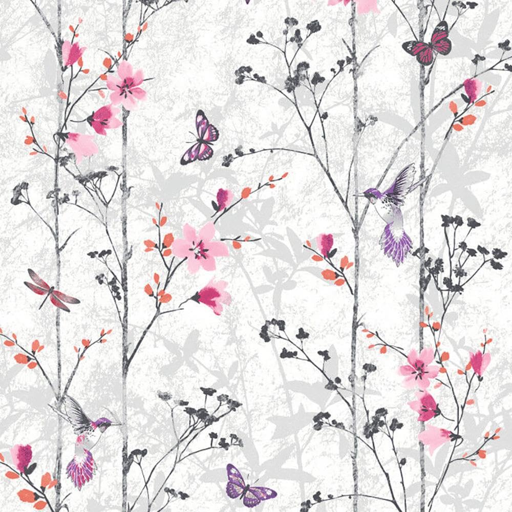 Yöl Pink Eden Floral Wallpaper - Flowers Butterflies Birds Naturistic Trees - Modern Contemporary Feature Wall