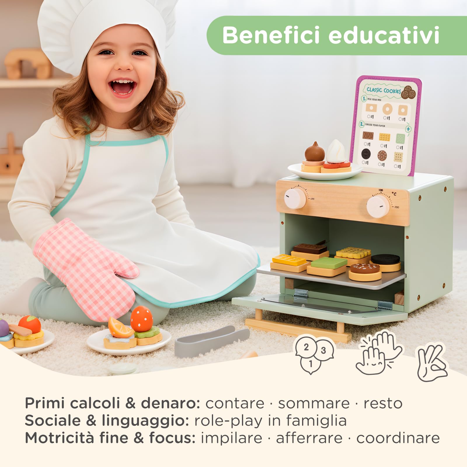 Nene Toys Pasticceria di Biscotti in Legno per Bambini 3+ Anni – Set Completo con Mini Forno, Menù & Soldi Finti – Gioco di Ruolo Educativo & Primi Calcoli – Regalo 3–6 Anni