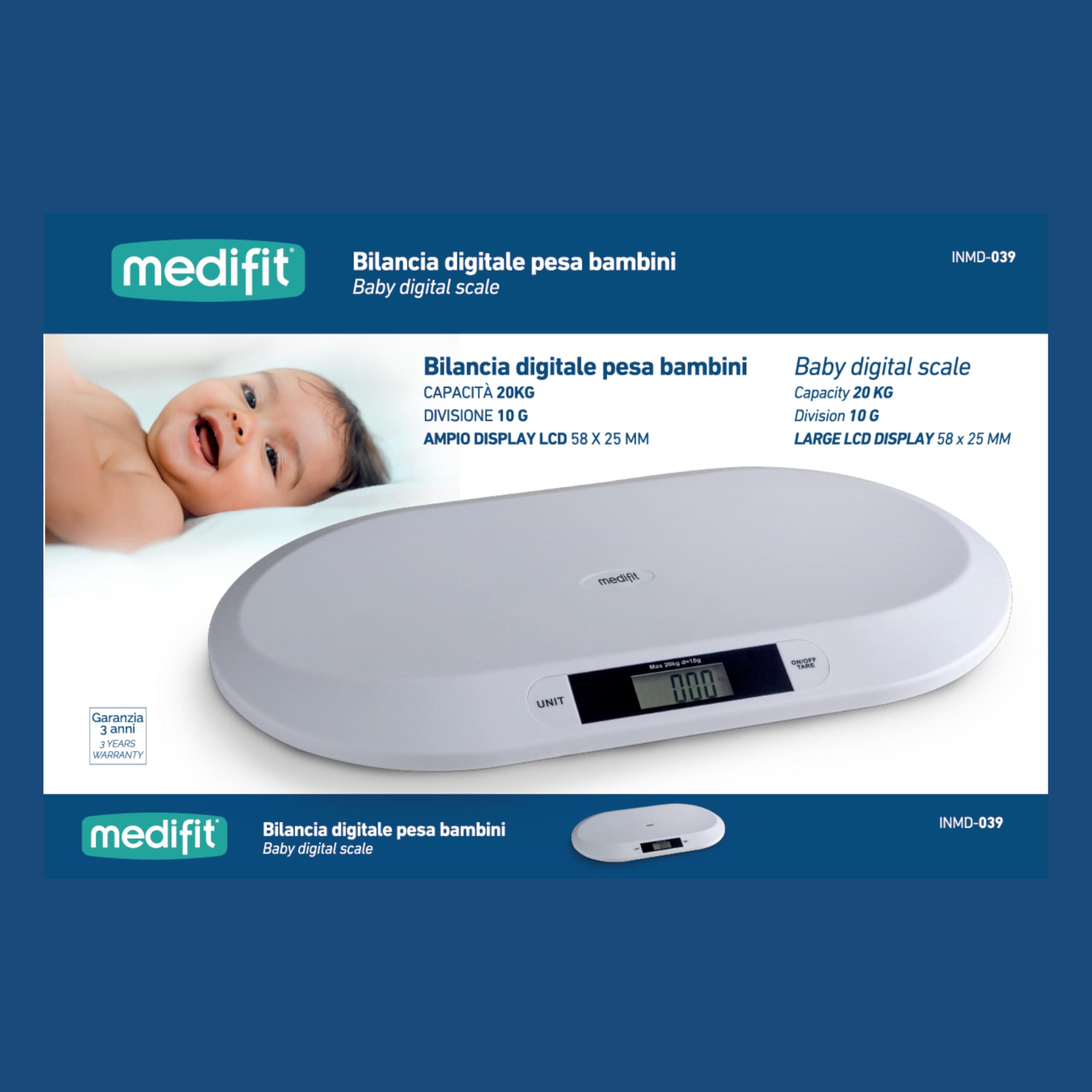 Innoliving INMD-039 Balance de bébé numérique de haute précision, fonction de serre et poids de verrouillage, écran LCD, portée 20 kg, design ergonomique pour bébés et enfants