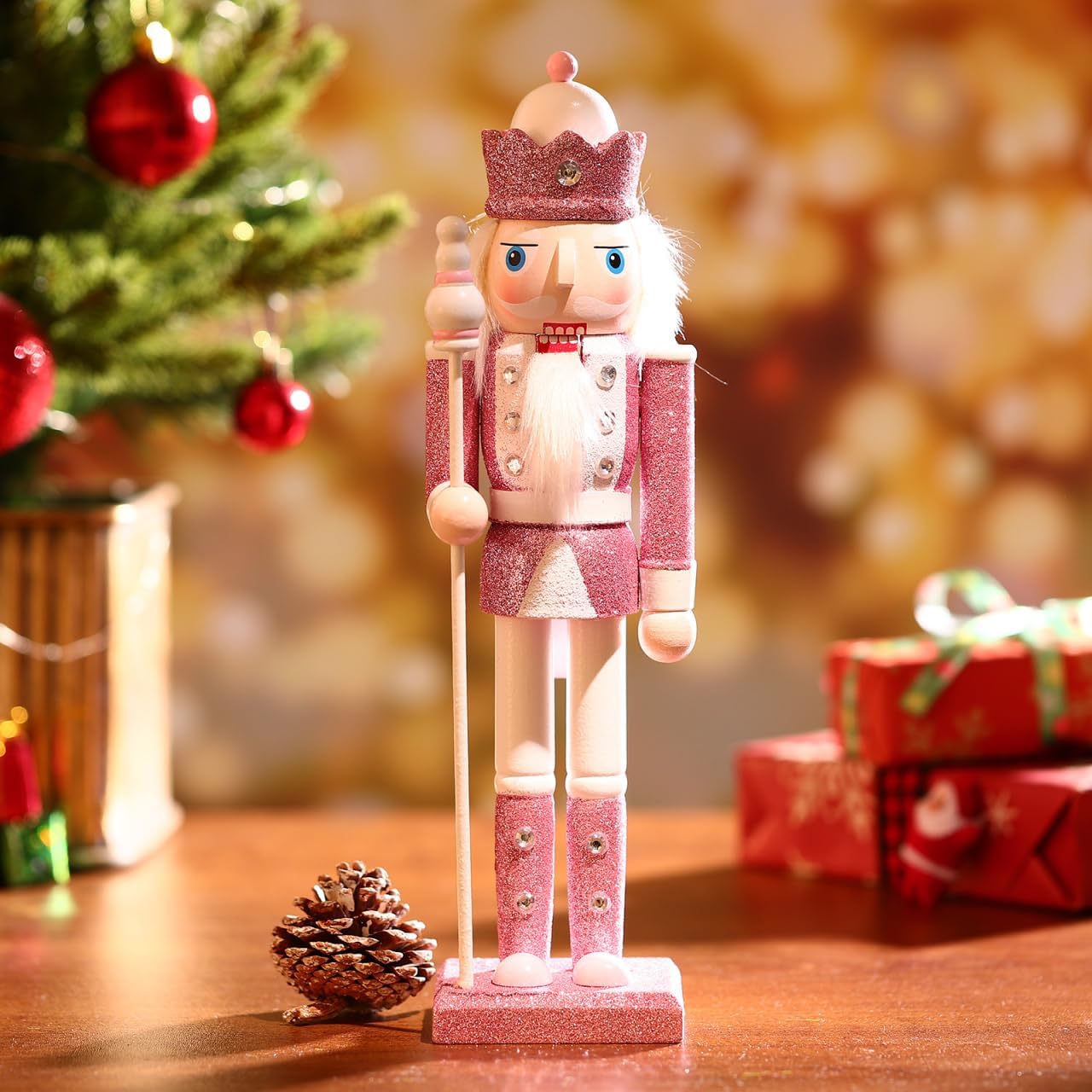 BESTOYARD 12-Inch Christmas Wood Soldier Nutcracker Ornament Glitter Collectible Nutcracker Figures Toy Traditional Royal Jacket Crown Xmas Table Puppet Doll for Holiday Home Decor