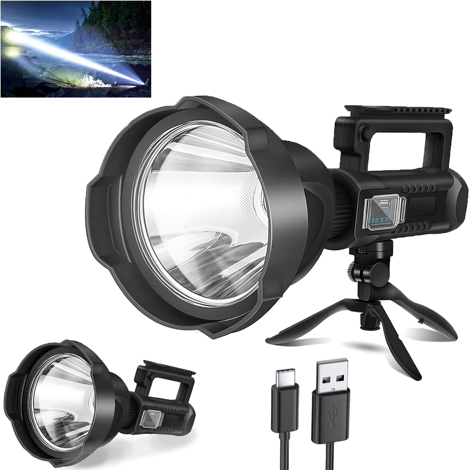 - Rechargeable Spotlight, High Lumens Led Spot Lights Outdoor Handheld Super Bright Long Range Powerful Flashlight