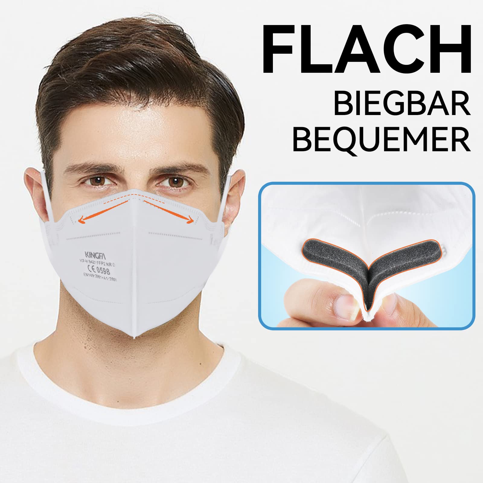 KINGFA FFP2 Maske CE Zertifiziert, Geringer Atemwiderstand, 20% längere Ohrbänder,Brillenträger, 30 Stück Weiß