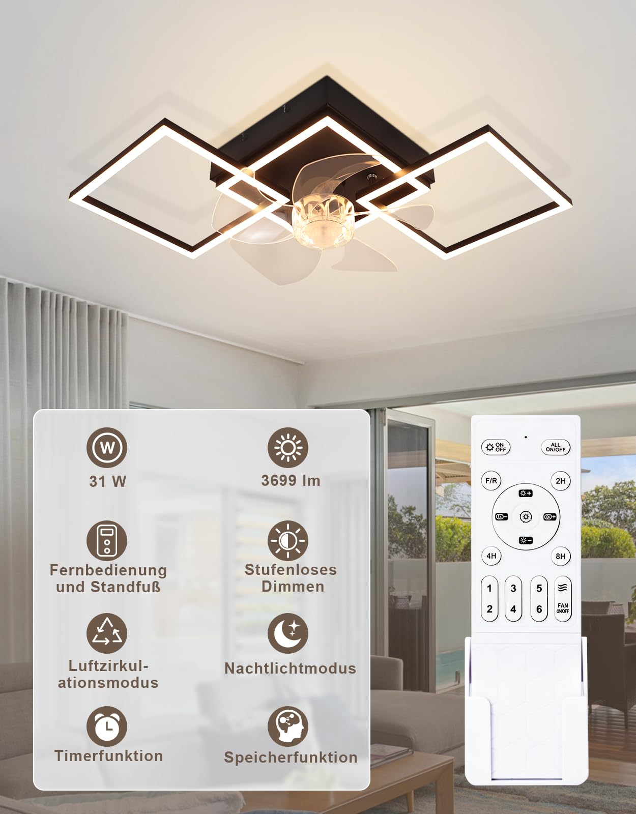 Homefire Moderne Deckenlampe mit Ventilator 68cm - Deckenventilator mit Beleuchtung 6-Gang LED Deckenventilatoren mit Licht Dimmbar mit Fernbedienung Timer für Wohnzimmer Esszimmer | Beleuchtung, 6 Geschwindigkeiten LED Deckenventilator mit Beleuchtung, D