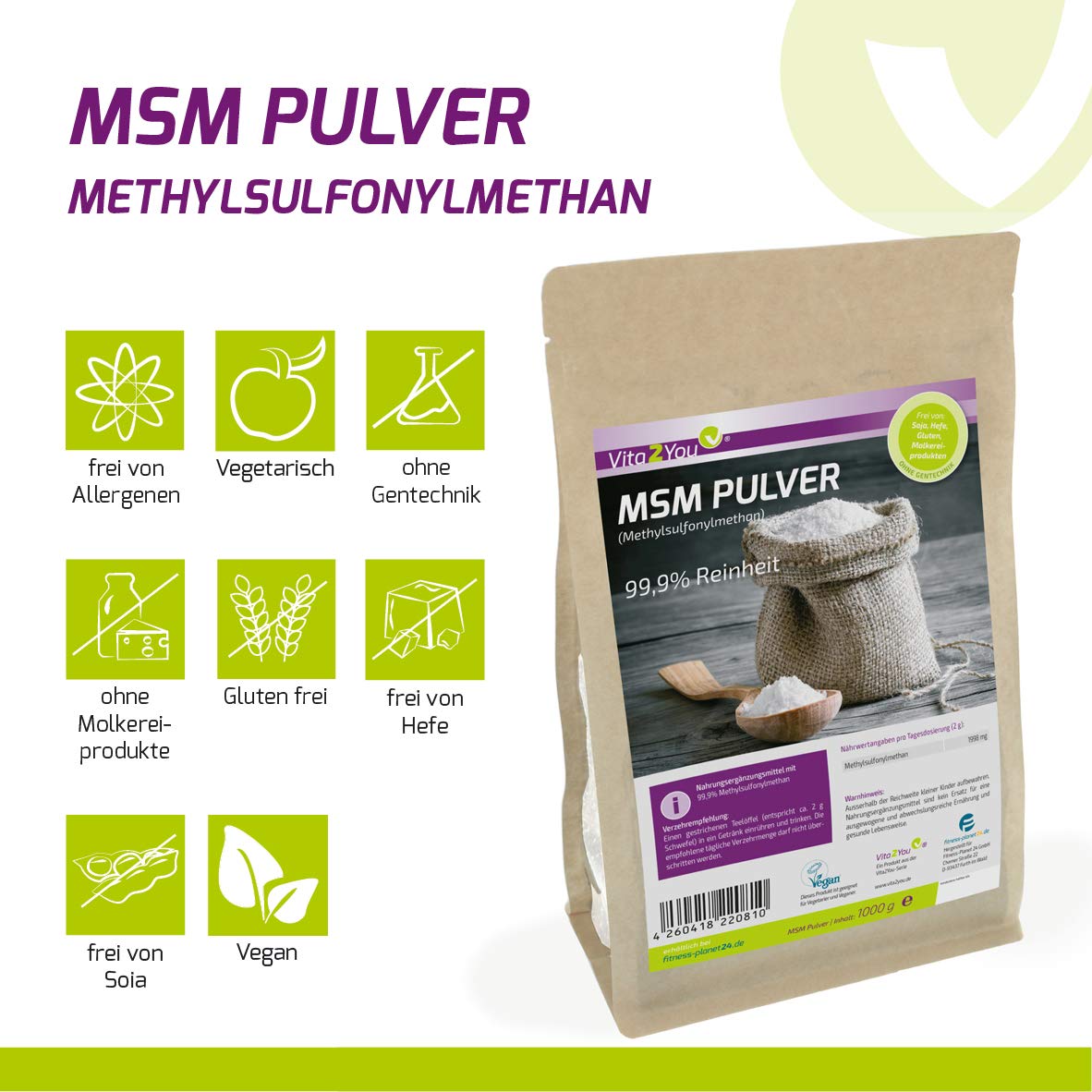 Vita2You Poudre MSM 1000 g - (méthylsulfonylméthane) 99,9 % de pureté - Facteur de maille 40-80 - 1 kg de soufre organique - Qualité supérieure