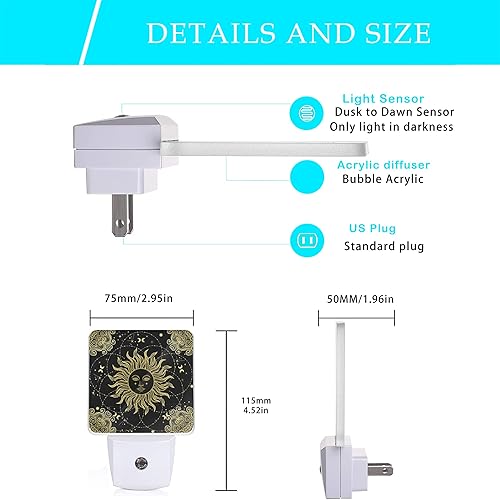 Miniatura 2 de Oeaskly Luz nocturna dorada, estilo bohemio, vintage, símbolo de astronomía y astrología, luces nocturnas enchufables a la pared con sensores de luz