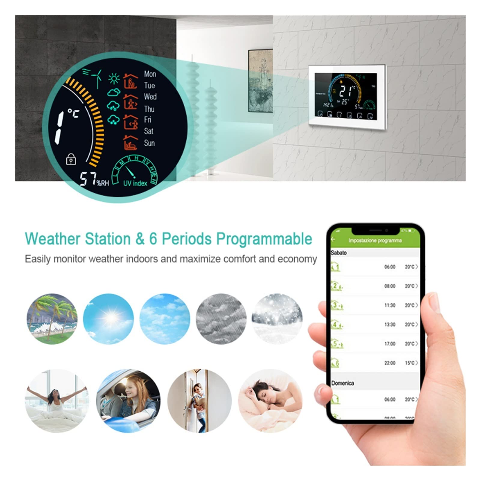 Termómetro interior higrómetro digital Controlador de temperatura del termostato del hogar inteligente WiFi for el soporte de calefacción de agua Google Home Alexa Control de voz Aplicación LCD Termos
