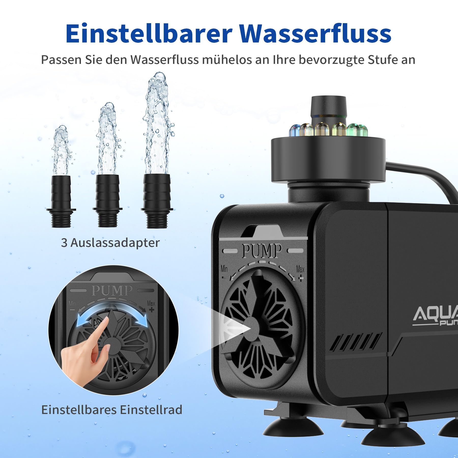 LED Mini Aquarium Wasserpumpe 40W 3000L/H Schutz vor überhitzung Leise Springbrunnenpumpe mit bunten Lichtern für Aquarien Fischtank, kleine Teichpumpe Förderhöhe 3m mit 1,6m Kabel & 3 Düsen