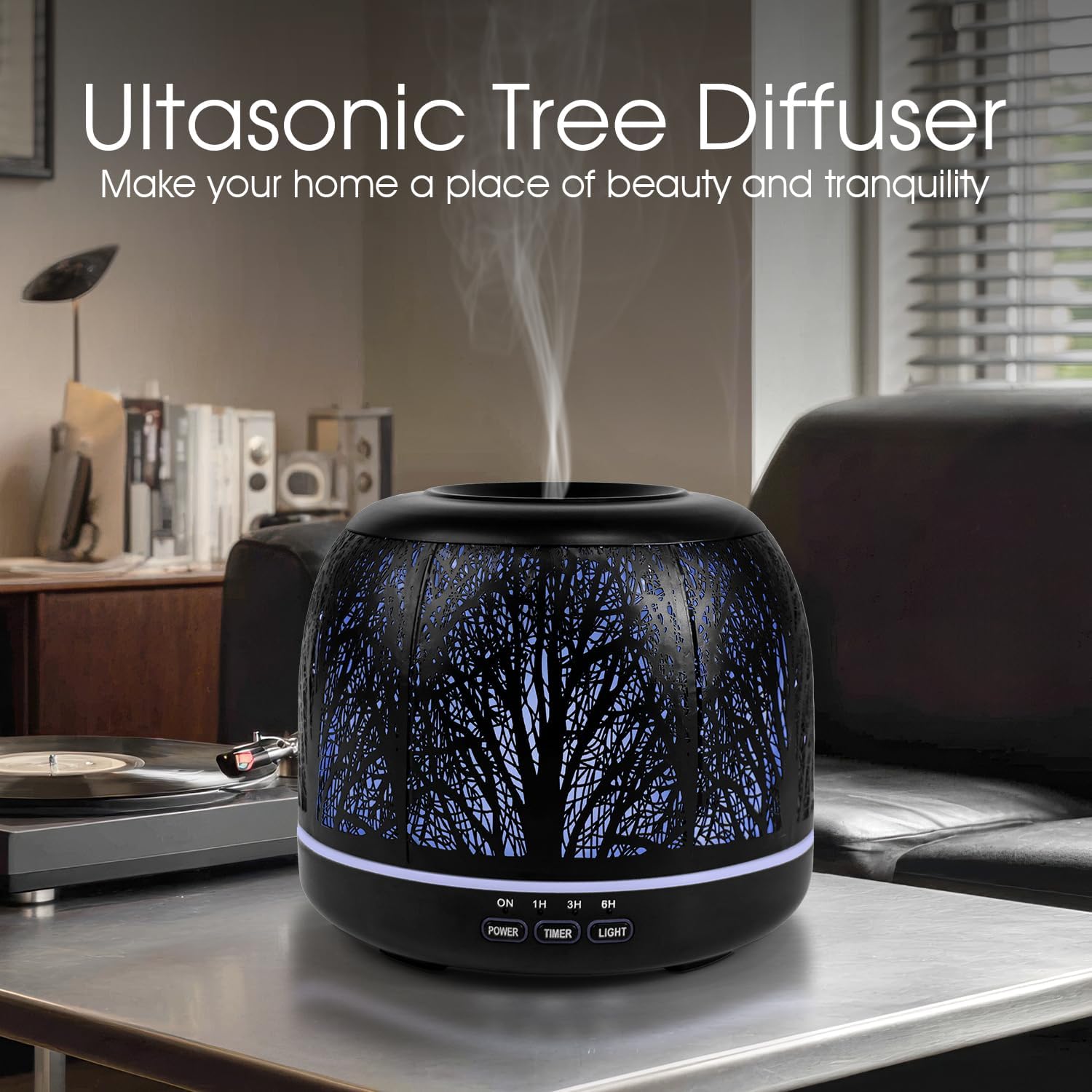 ARVIDSSON 500ml Essential Oil Diffuser, Metal Diffusers for Essential Oils, Aromatherapy Diffuser for Large Room, Color Mood Light & Mist Timer Setting, Gift for Women - Black Tree