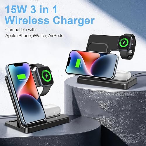 Miniatura 3 de Cargador inalámbrico 3 en 1, estación de carga rápida de escritorio para iPhone 16, 15, 14, 13, 12, base de carga para Apple Watch y AirPods