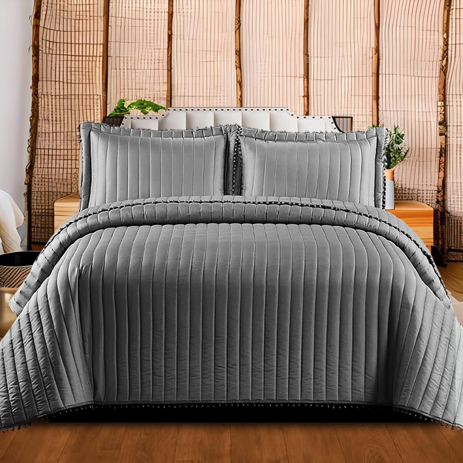 Fit Even Quilt Pom Pom Bedspread 3 Piece Set – Coverless Quilted Stripes Pattern Bedspread, Comforter Throw, Summer and All-Season Lightweight Bedding Sets, with 2 Pillow Sham (Double, Grey)