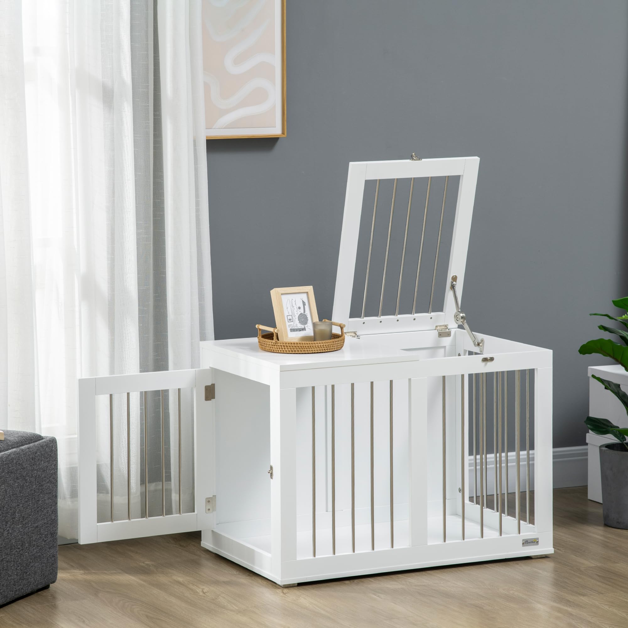 PawHut Cage pour chiens avec 2 portes verrouillables, maison pour chien, taille moyenne, pour intérieur, acier et MDF, 80 x 50 x 56,5 cm, blanc