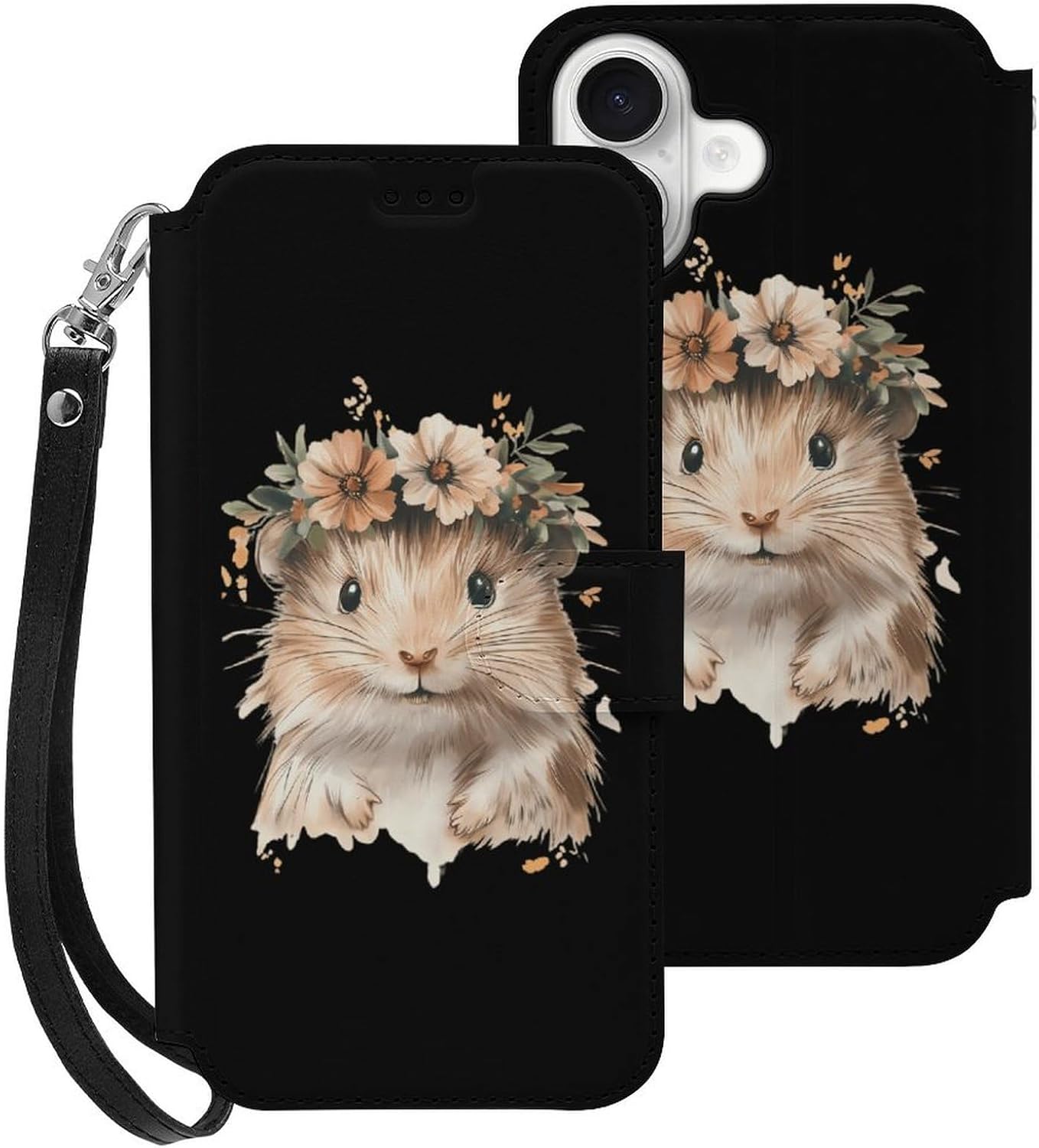 Cute Hamster Compatible with iPhone 16/16 Plus/16 Pro/16 Pro Max/16 E Case Phone Wallet Card Holder Flip Cover with Wrist Strap