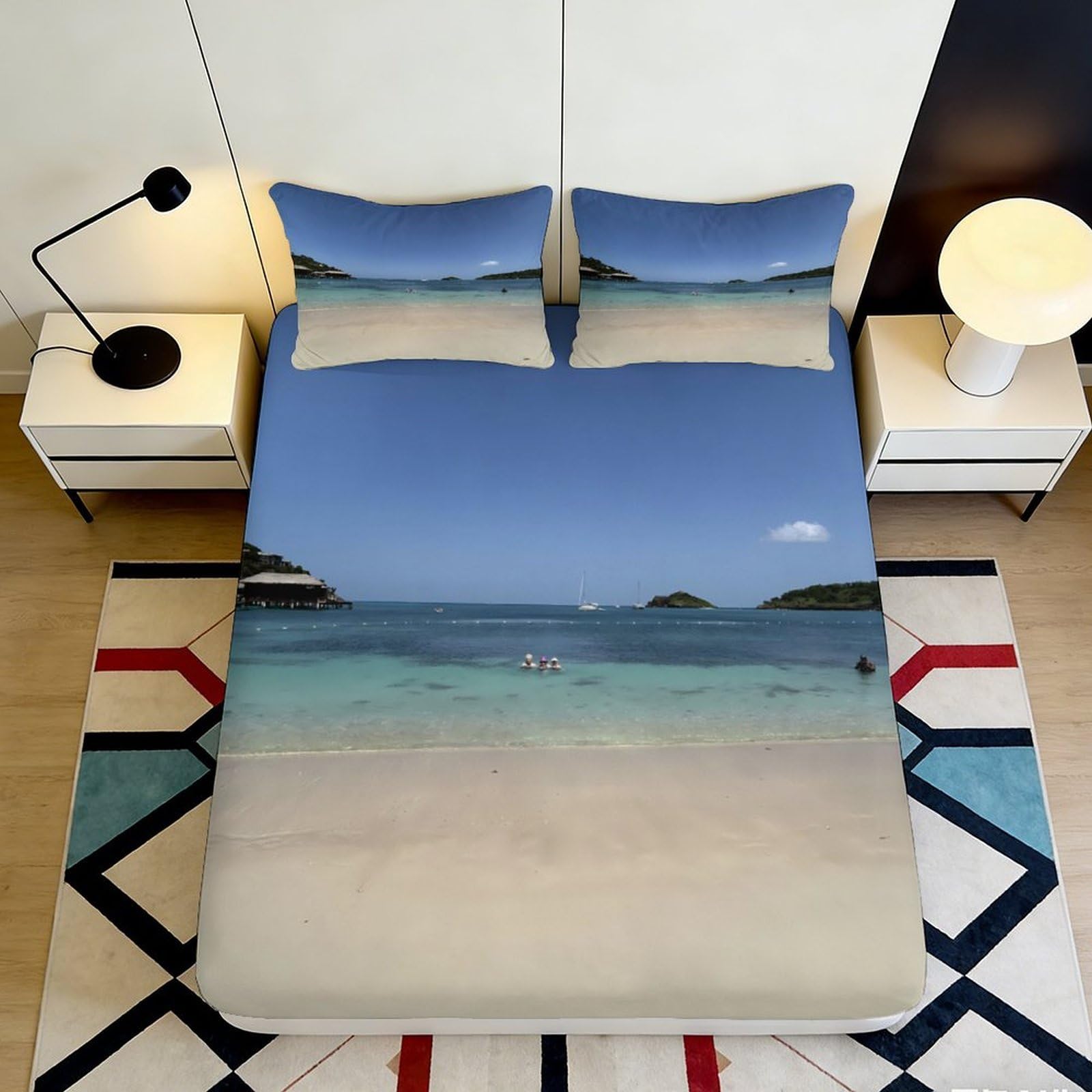 3D Printed Beach Ocean View Fitted Sheet Microfiber Soft Sand Seaside Mattress Cover for Bedroom Guest Room Decor 90x200x25cm