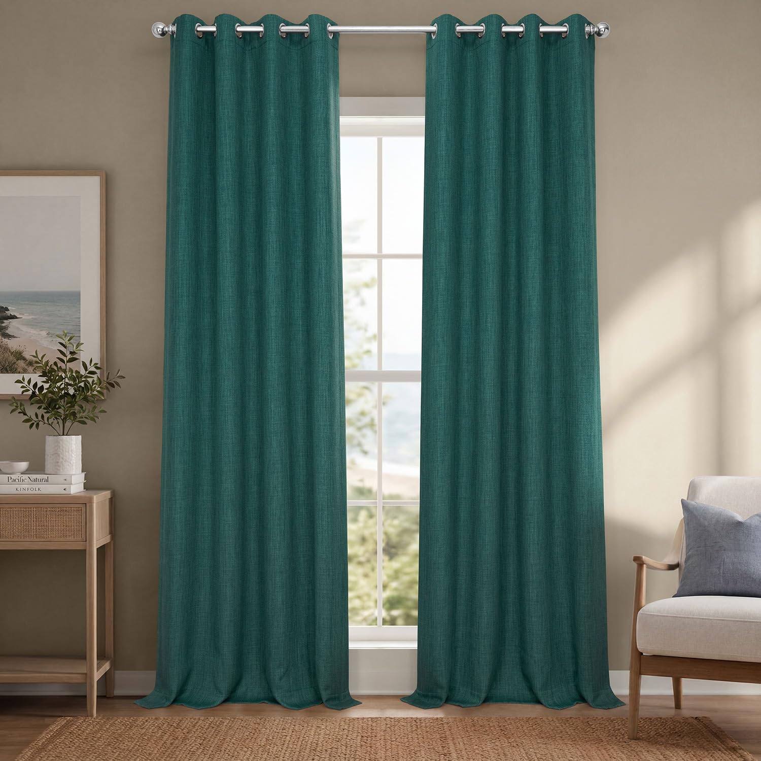 Grommet Faux Linen Curtains for Living Room (1 Panel) 50W X 96L, Slate Teal