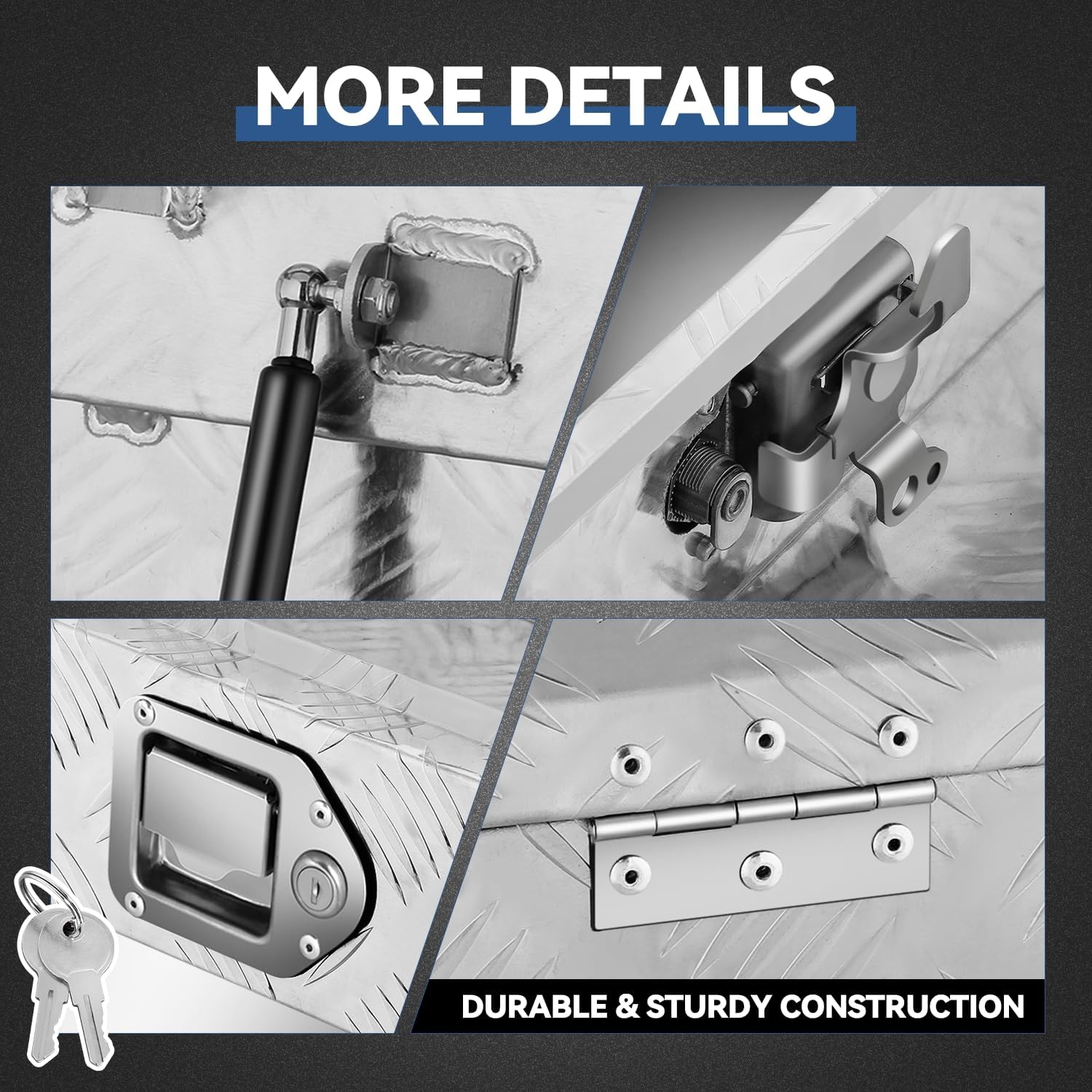 Auto Dynasty Aluminum Truck Bed Box Tool Underbody Box Truck Storage Irregular Organizer Chest with Lock and Keys for Pick Up Truck Bed, RV Trailer, Diamond Tread Design, Bare Silver