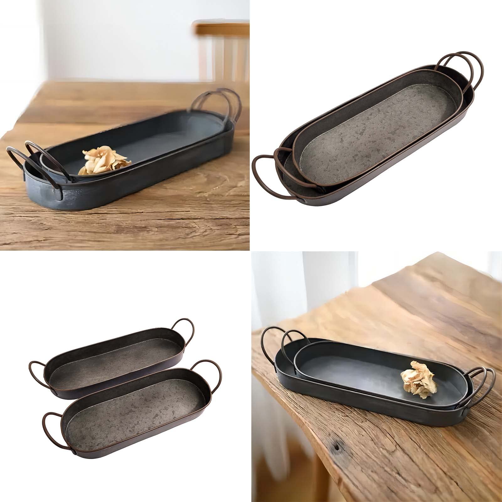 Rustic Metal Decor Galvanized Centerpiece Oval Tray Set - 2 Pcs, 35 x 13cm, 30 x 12cm Shabby Chic Farmhouse Style - Image 2