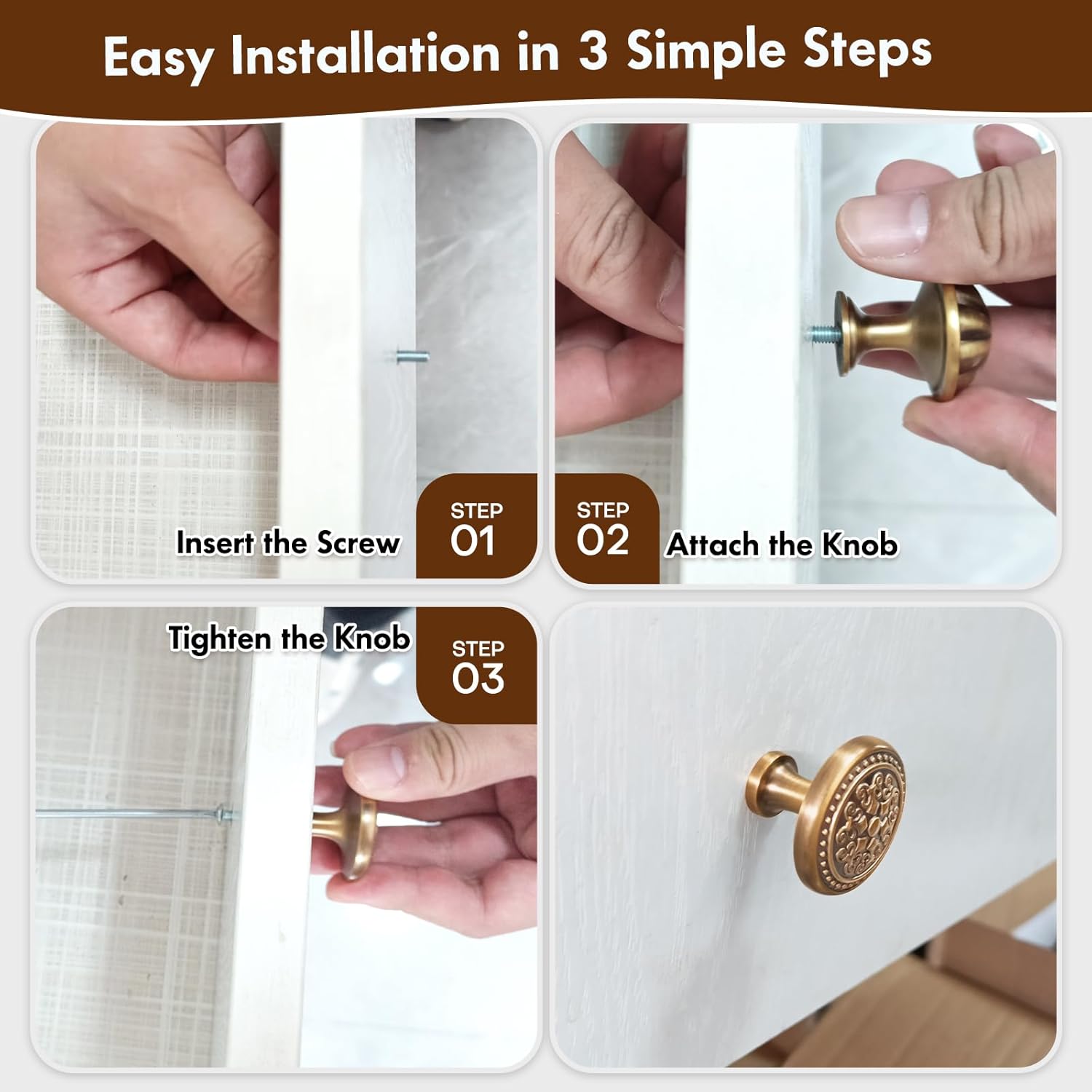 Antique Brass Cabinet Knobs - Single Hole Brushed Brass Knobs for Drawers and Cabinets, 4-Pack (Retro)