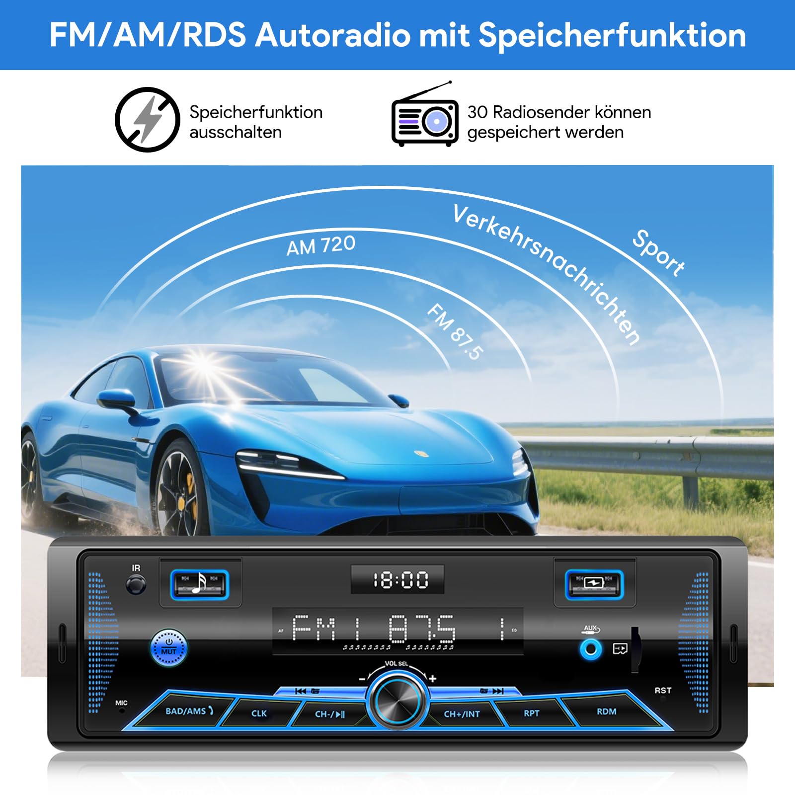 RDS Autoradio Bluetooth für 2 USB,Wistrue FM/AM Autoradio 1DIN,7 Farben Radio mit Fernbedienung MP3 Player 9-24V/Unabhängiger Uhr/SD/AUX