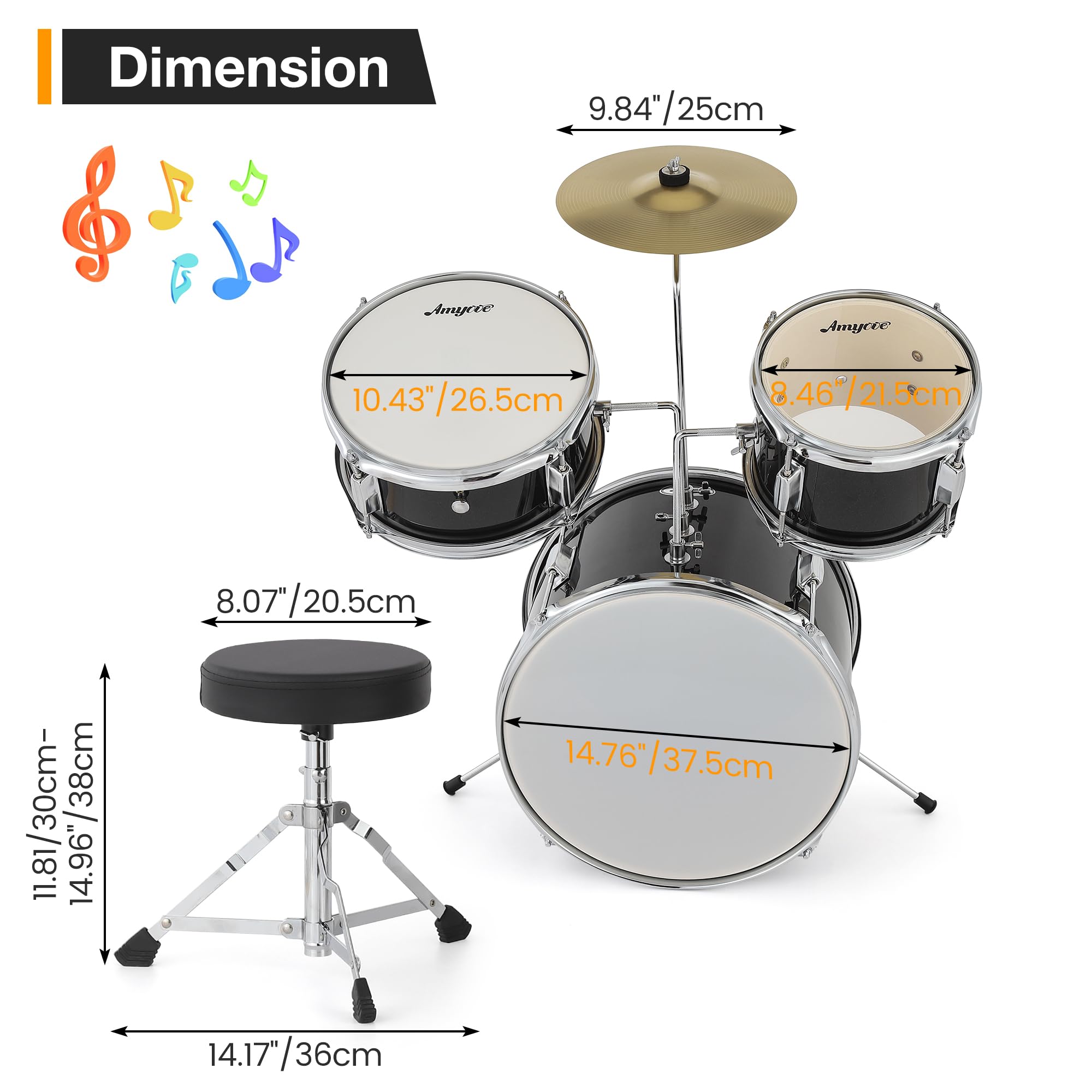 3-teiliges Schlagzeug-Set für Kinder – komplettes Musik-Set mit Bassdrum, Trommel, Tom, 10 Zoll (25,4 cm) Becken, Drumsticks, Hocker, Pedal – perfekt für Anfänger, Geschenk für Jungen und