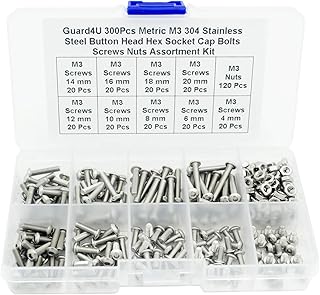 300Pcs Metric M3 304 Stainless Steel Button Head Hex Socket Cap Bolts Screws Nuts Assortment Kit- M3 x 4mm/ 6mm/ 8mm/ 10mm/ 12mm/ 14mm/ 16mm/ 18mm/ 20mm