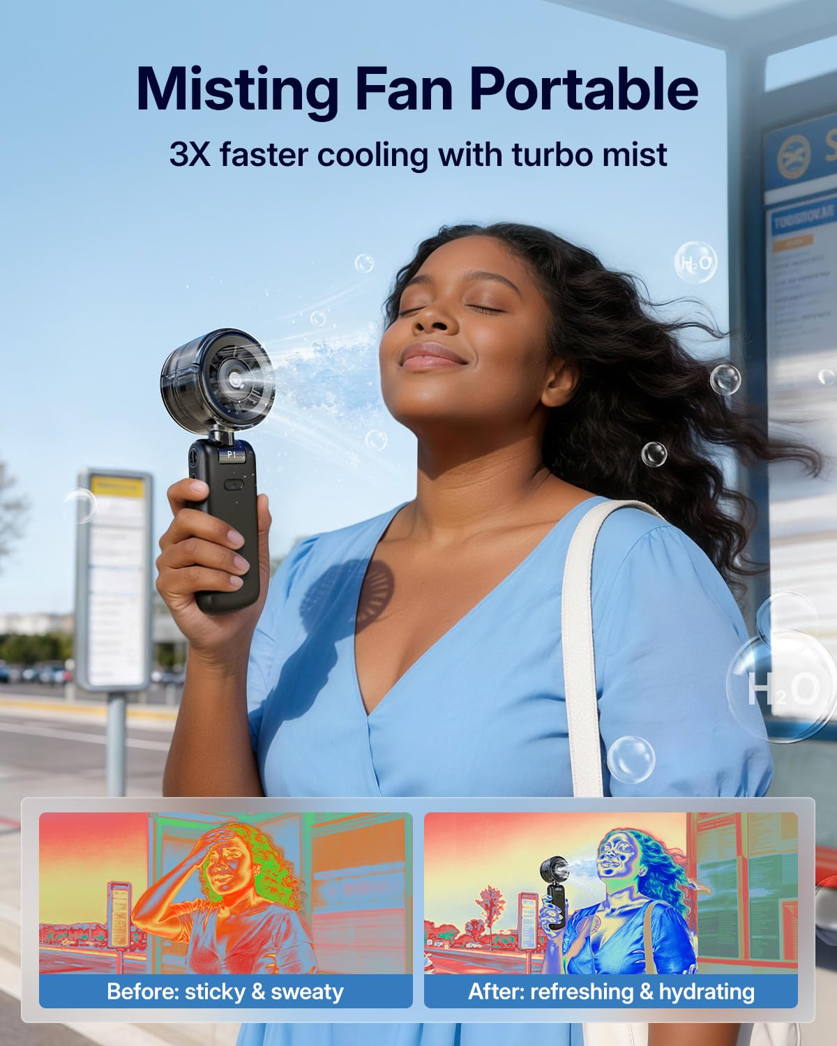 Ventilateur brumisateur portable – Ventilateur turbo portable avec pulvérisation de brume froide, 4000 mAh rechargeable, 5 vitesses, brumisateur d'eau pliable personnel pour voyage d'été - 3