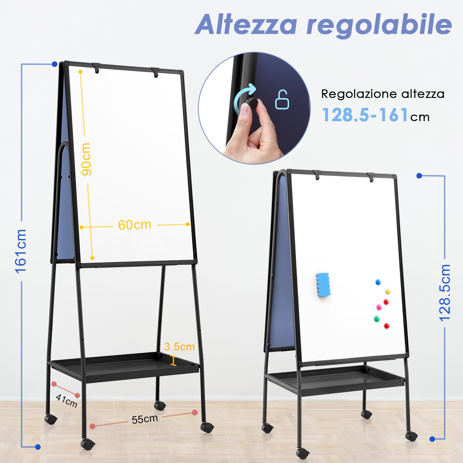 MAKELLO Lavagna Magnetica a Doppia Faccia Mobile con 4 Rotelle - Lavagna a Fogli Mobili, Struttura in Alluminio Nero Regolabile in Altezza, Stabile per Ufficio/Aula/Home Office