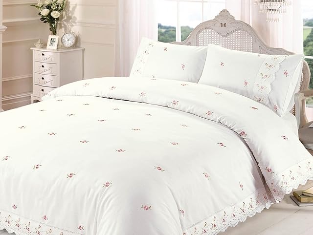 Rapport Home Duvet Quilt Cover Floral Lace Trim Embroidered Bed Set, Polyester-Cotton, Cream, King