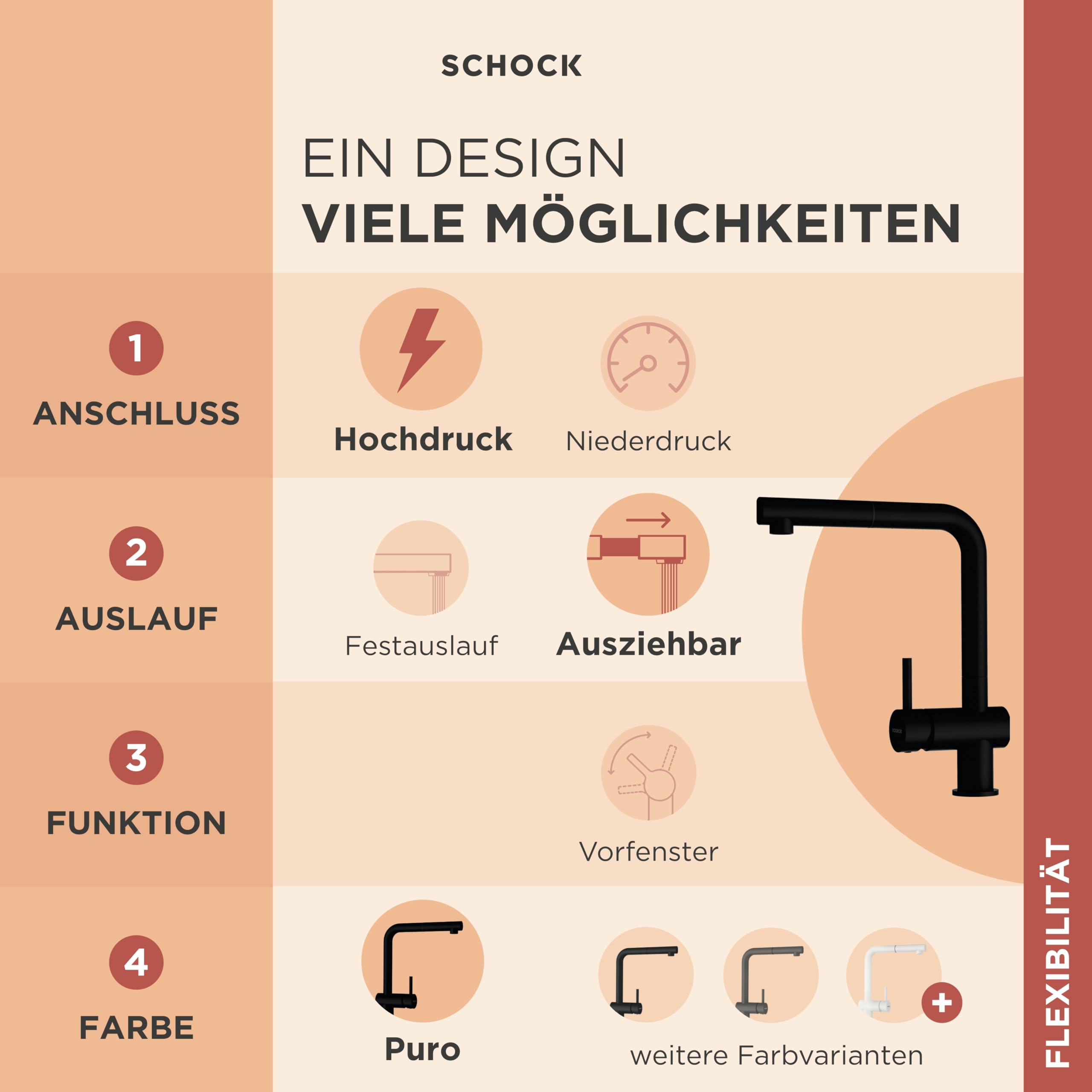 SCHOCK® Küchenarmatur EPOS Puro I schwarze Hochdruck Armatur mit ausziehbarer Schlauchbrause I 360° drehbar I Spültischarmatur für Küchenspüle I modernes Design I Einhebelmischer gebürstet
