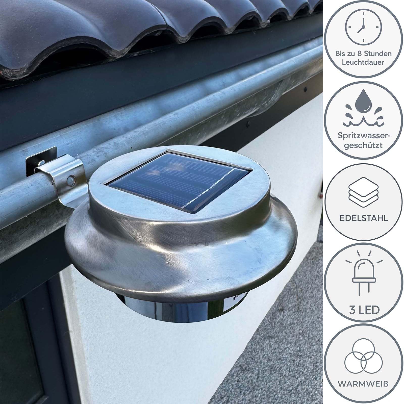 Solar Dachrinnenleuchten 12er Set Edelstahl LED Warmweiß IP44 Außen Garten | BURI Dämmerungssensor, wetterfest, Zaunleuchte, Gartenbeleuchtung, Solarbetrieb, energiesparend, Balkon, Terrasse