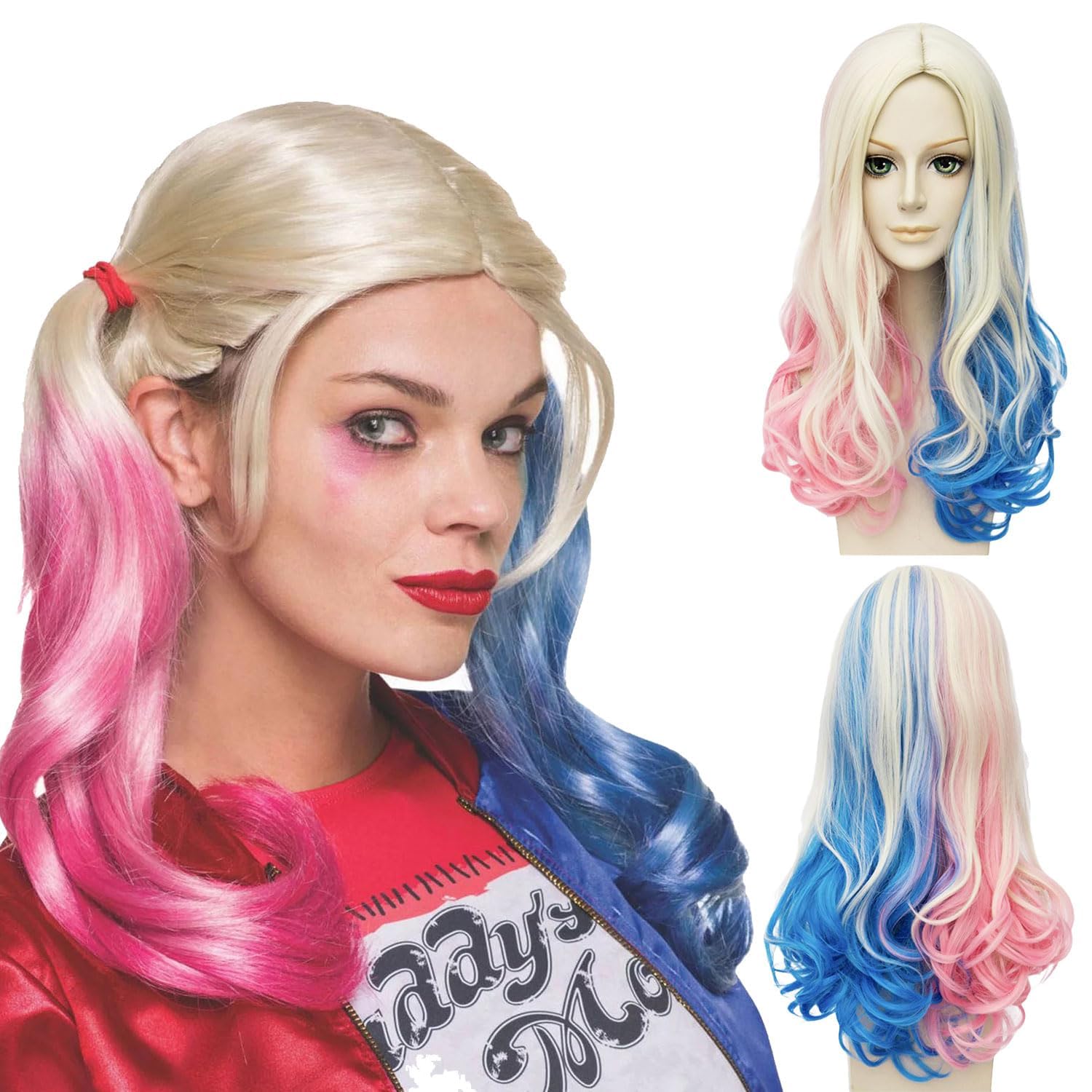 Sunshine smile Harley Quinn Wig, Wig Girls Children Suicide Squad Pink and Blue, Harley Quinn Costume Wig Women, Cosplay Blonde Blue Pink Wigs, Silver Grey Long Curly Natural